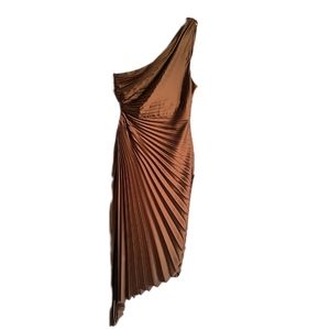 Olympia bronze pleated high low dress